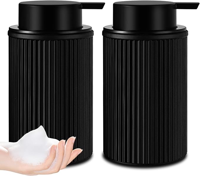 Matte Black Foaming Soap Dispenser, 2 Pack Ribbed Glass Foam Hand Soap Dispenser for Bathroom, Refillable Foaming Pump Bottle with Black Pump, Modern Dish Soap Foam Dispenser