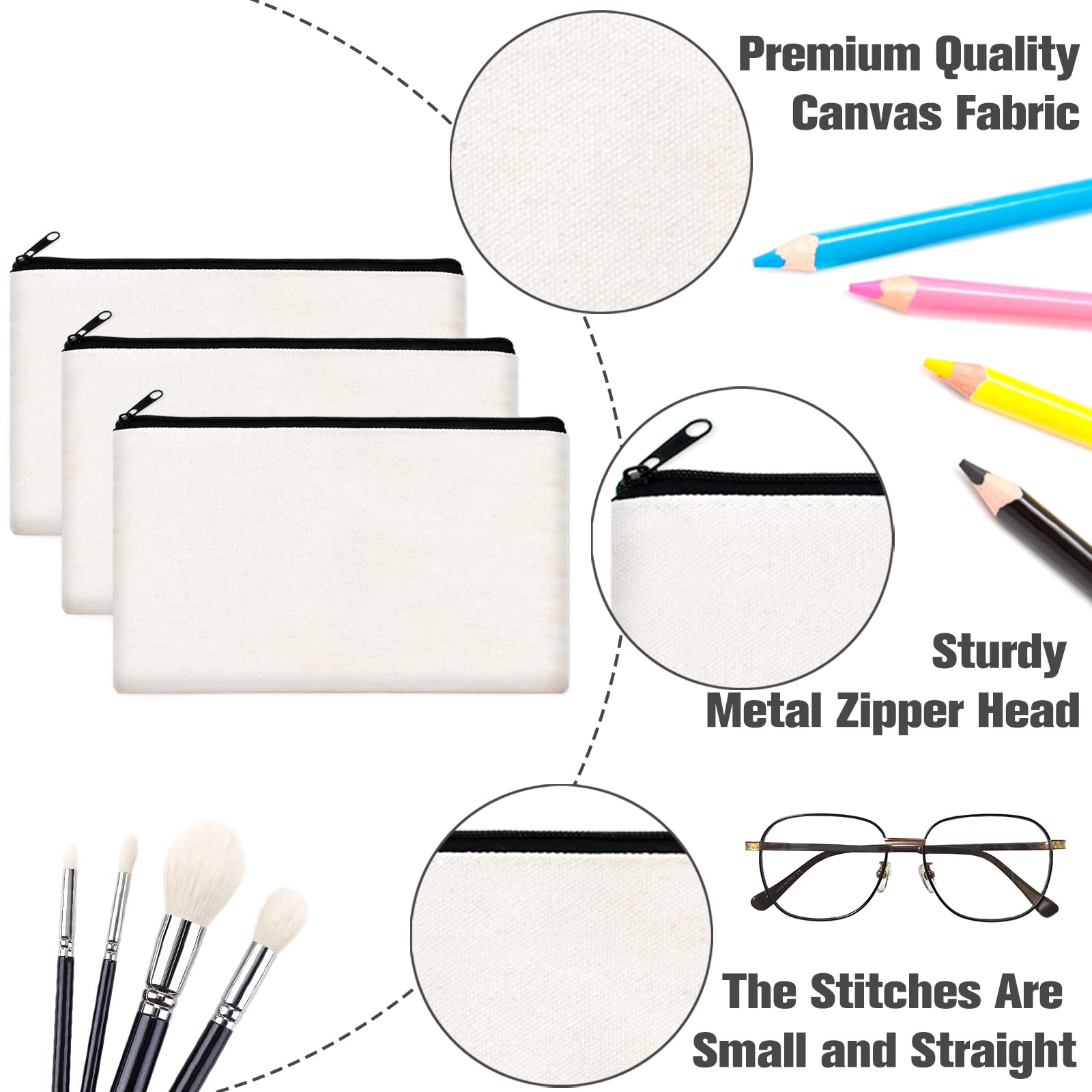 ZeeDix 12 Pieces Canvas Pouch Bulk- White Blank DIY Craft Bag Canvas Zipper Bags Multipurpose Cosmetic Makeup Travel Toiletry Bag for Storage(8.3 x 5 inches)