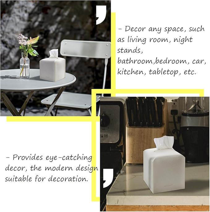 PENGLONG Tissue Box Cover 5X5X5'' PU Leather Tissue Holder Square Tissue Cube Box Organizer for Bathroom Vanity Countertop, Car, Night Stands, Office, Home, Kitchen (1Pack, White)