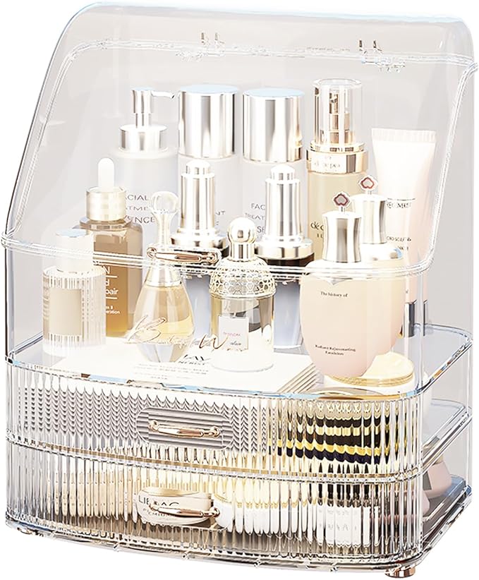 Plukers Makeup Organizer Countertop Vanity with Transparent Lid Drawers Waterproof Dustproof Cosmetic Skincare Bathroom Storage Gift for Women Teens Girls (Clear Whtie)