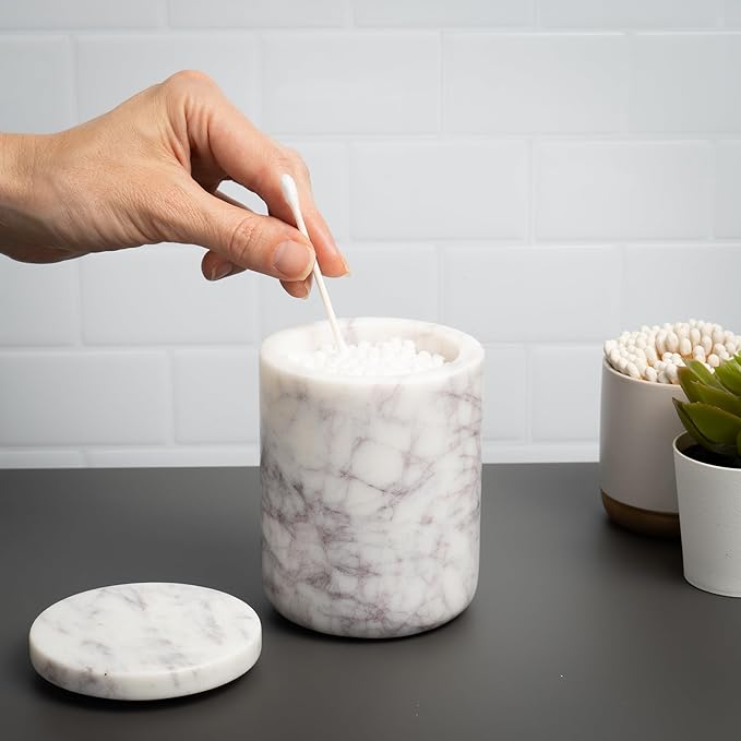 Cork & Mill Marble Bathroom Container with Lid - Holder for Qtip Swabs, Cotton Balls, Pads, Rounds, or Floss Picks - White Apothecary Jar for Q Tips - Canister for Organizing Bathroom Counter Vanity