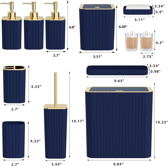 InnJoey Bathroom Accessory Set - Bathroom Set, 12PC Bathroom Accessories Set, Navy Blue Bathroom Accessories Set, Mini Trash Can, Toilet Brush, Trash Can & Soap Dispenser