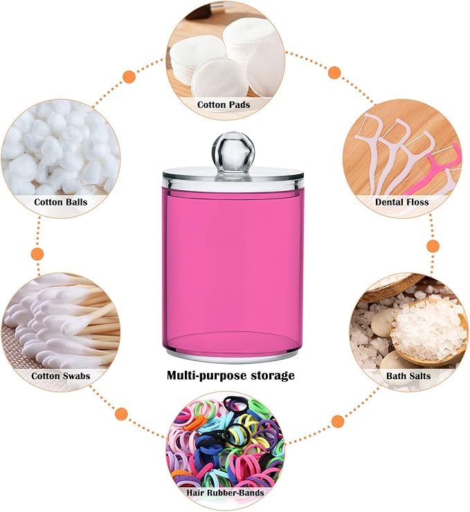 Hot Pink Qtip Holder Organizer Dispenser Cotton Swabs Cans Plastic Jars with Lid Set 2 Pack Bathroom Storage Canister for Cotton Ball Floss Cotton Pads