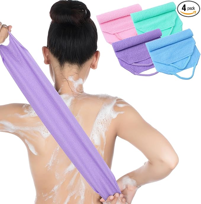 DOPENSPI 4PCS Exfoliating Back Scrubber with Handles, Nylon Double-Sided Exfoliator Extended Length Stretchable Body Exfoliating Washcloth Pull Strap Back Washer for Women Men