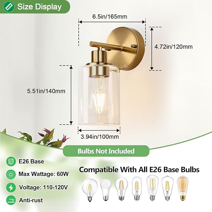 Zarbitta Set of 2 Wall Sconces for Bathroom, Brushed Gold Modern Vanity Lights with Clear Glass Shade,Bathroom Wall Lamp for Mirror Kitchen Living Room Hallway Cabinet Porch