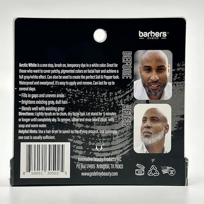 Barbers Choice Silver Line, Facial Hair Brush on Temporary Color for Silver Fox Men- Instantly Brighten White Beards, Mustache & Sideburns, Less Yellow, Easy Application, Arctic White