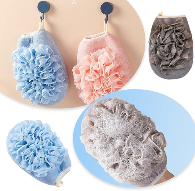 2 Pcs Bath Shower Pouf Sponge 2 in 1 Exfoliating Mesh Pouf Sponge Loofah Bath Glove with Elastic Hand Strap for Women Men Kid Bathroom