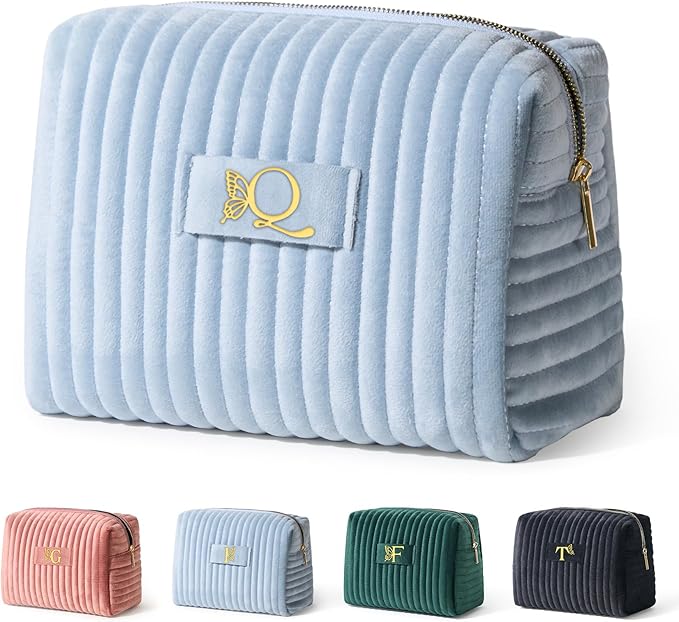 COSHAYSOO Travel Makeup Bag Quilted Make Up Pouch Initial Cosmetic Case with Butterfly Decorations for Women Lipstick Glossier Lipgloss Lip Stain Moisturizer Mascara Eyeliner Organizer Black Letter P