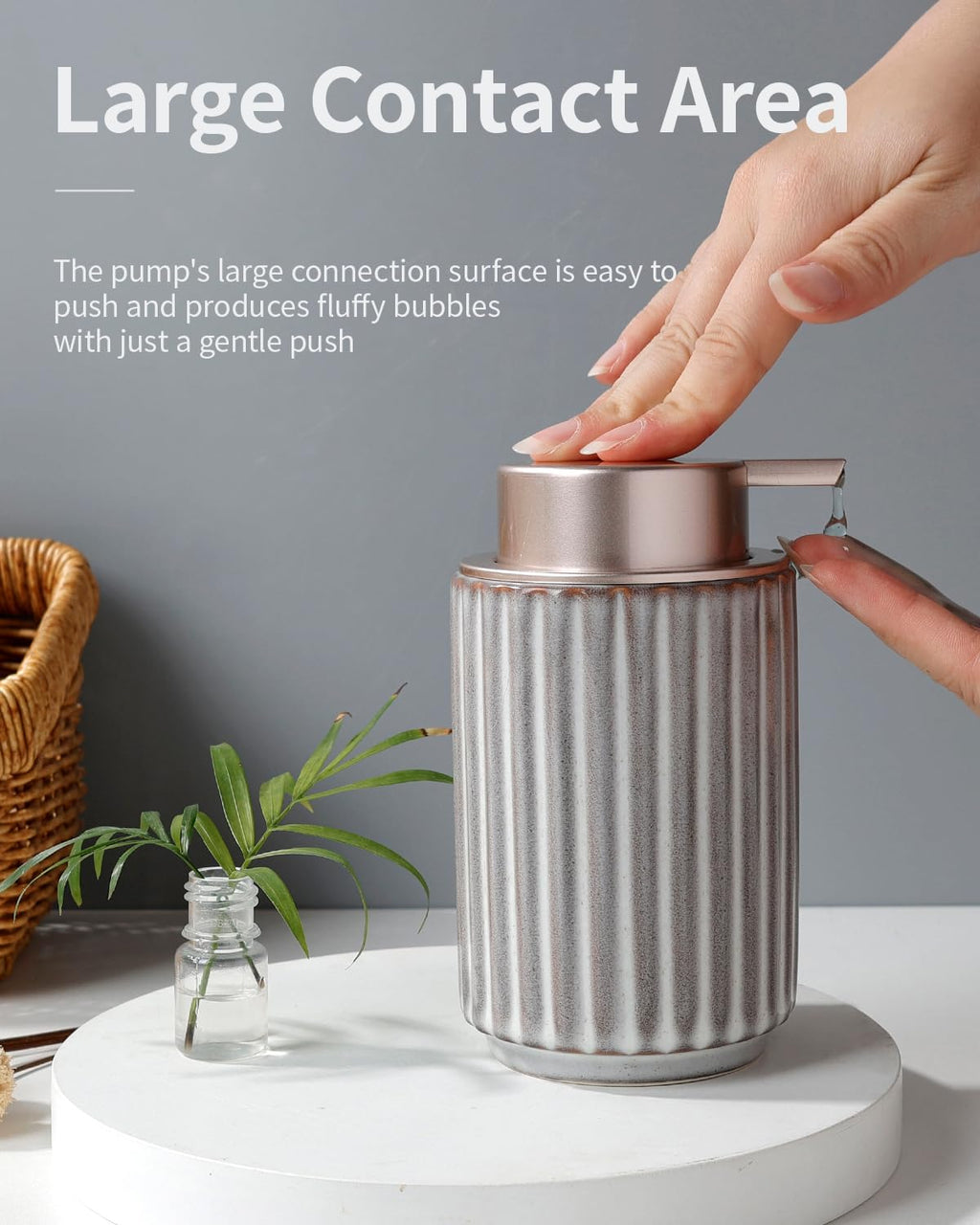 Soap Dispenser, Liquid Ceramic Refillable Hand Soap Pump for Bathroom Kitchen, 10.5OZ Brown Lotion Dispenser Dish Soap Dispenser, Modern Stripe Design, ANTIS'S HOME