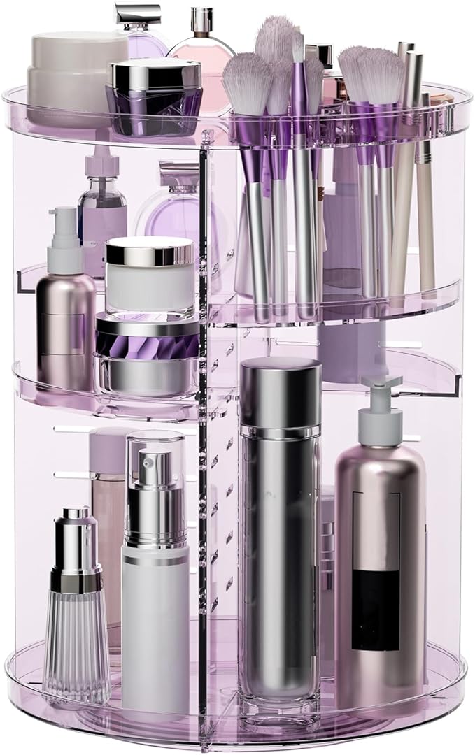 Rotating Makeup Organizer, DIY 8 Adjustable Layers Spinning Skincare Storage, Cosmetic Display Case with Brush Holder and Perfume Tray, Multi-Function Vanity Bathroom Countertop Organizer Clear Purple
