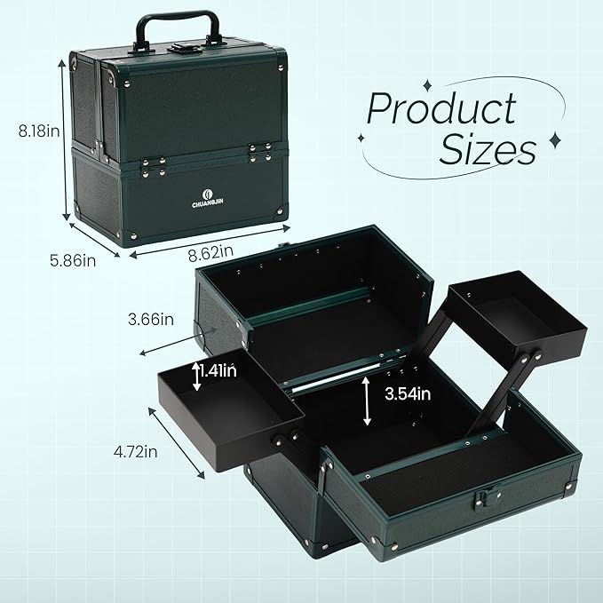 Makeup Train Case 2 Trays Makeup Box Organizer Portable Travel Makeup Case Lockable Makeup Storage Organizer Cosmetic Box for Jewelry Nail Tech Brushes Accessories Tool,Green Pro