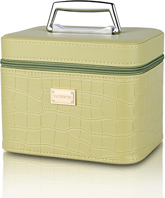 Sluxa Fashion makeup box, Portable leather hard cosmetic case with mirror, Professional train case make up box for women adults. (Green)
