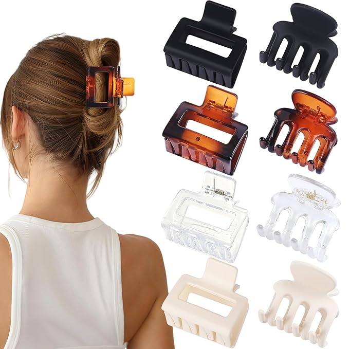 Medium Hair Clips Combination 2 Styles Small Claw Clips for Thin Hair 8 Pcs Matte Non-slip Rectangle Jaw Clips Square Hair Accessories for Women and Girls (Transparent)
