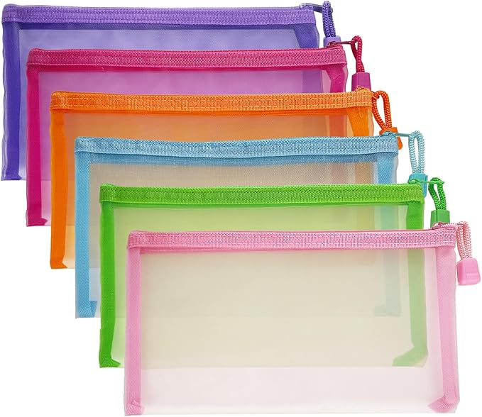 CarryEpic Mesh Pouches(6 Pack), Mesh Bags with Zipper Nylon Makeup Pouches Bag Cosmetic Pouch Travel Purse Organizer Insert Diaper Inside Bag Organizers Home Organizing Size See Through Cute Colors