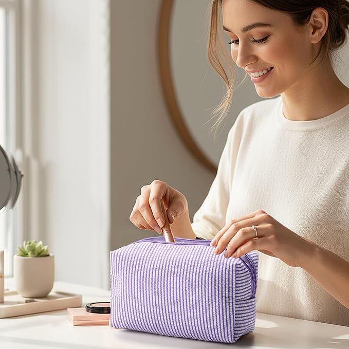 Sanwuta 6 Pcs Seersucker Cosmetic Bags Bulk Seersucker Makeup Bags Stripe Women Pouch Large Preppy Storage Pouch Toiletry Travel for Wedding Bridesmaid Bride Favor Back to Teacher Gift (Purple)