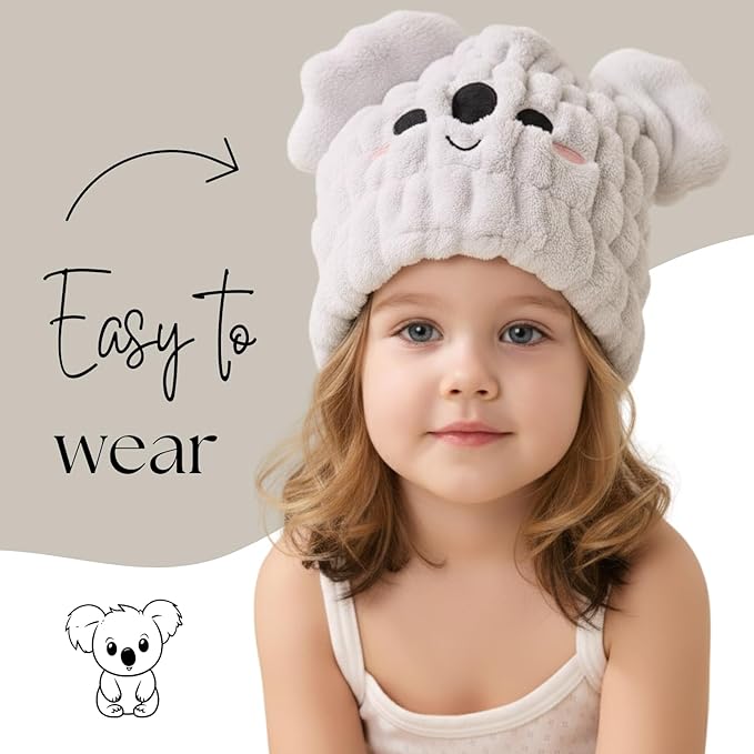 LCBD Microfiber Hair Towel Wrap for Kids, Koala Dry Hair Cap Suck Water, Absorbent Quick Girls Boys Hair Drying Towel, Lightweight Bouncy Hat Headscarf