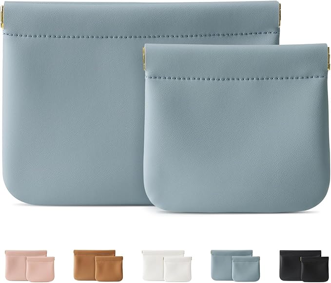 MEIBOOCH 2 Pack Small Makeup Bag for Women, New Organosilicon Super Fiber PU Leather Mini Cosmetic Bag for Travel, Coin Purse Organizer Storage Pouch (No Phrase Printed, Blue)
