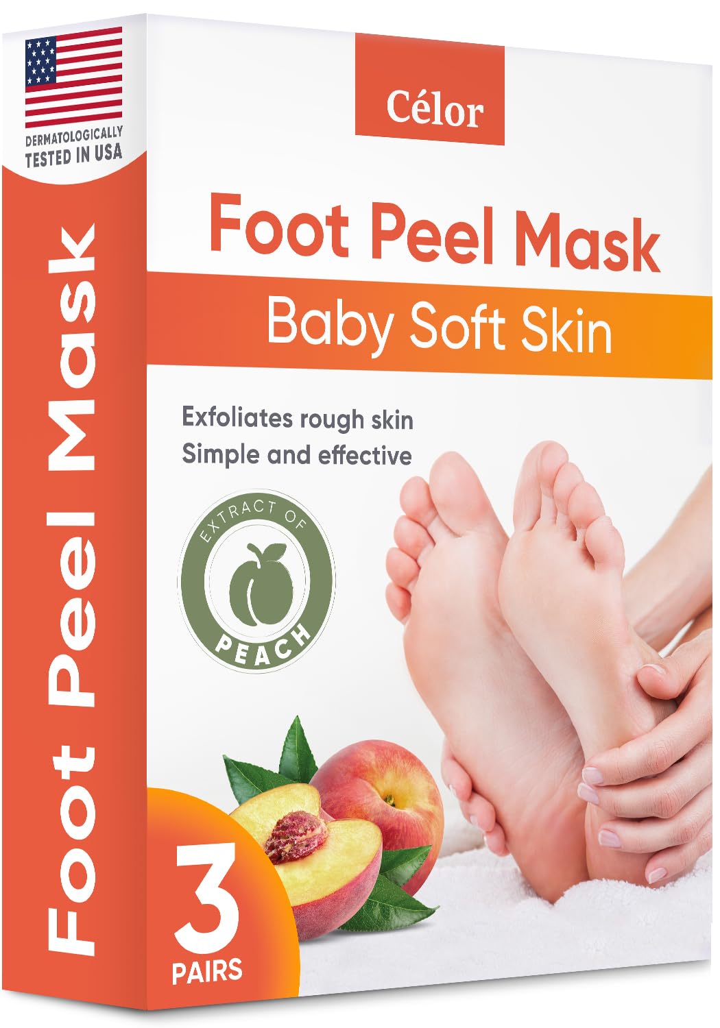 CÉLOR Foot Peeling Mask for Dry Cracked Feet | Foot Mask to Exfoliate Rough, Cracked, Dry Feet, Calluses for Soft Baby Feet Results | Made with Aloe Vera Extract for Women & Men (3 Pairs) | Peach