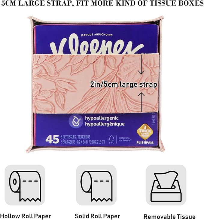 Tissue Box Holder Cover Square Tissue Cube Cover PU Leather Tissue Organizer with Bottom Belt for Bathroom, Tabletop, Kitchen, Night Stands, Office, Home, Car (1, RosyPink)