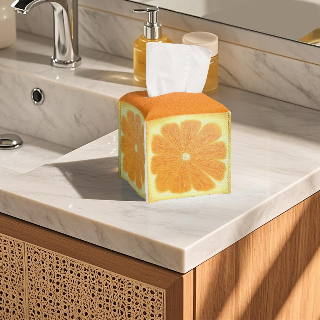 Cute Fruit Tissue Box Cover Funny Orange Citrus Square PU Leather Waterproof Tissue Box Holder for Bathroom Kitchen Bedroom Vanity Countertop Night Stands