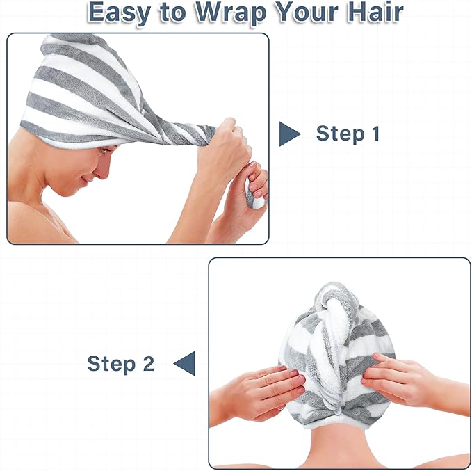 Microfiber Hair Towel Wrap, Quick Dry Hair Turbans with Button, Ultra Soft Thickening Coral Fleece Dry Hair Cap, Anti Frizz Hair Turban Towel for Curly Long Thick Hair