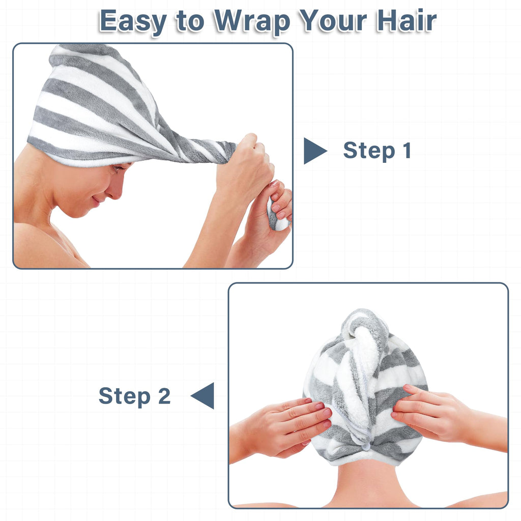 YiRayon Microfiber Hair Towel Wrap, Soft Lightweight Hair Turben Towel, Super Absorbent Quick Dry Hair Turban with Button, Larger Microfiber Hair Towels for Women Curly Long Hair