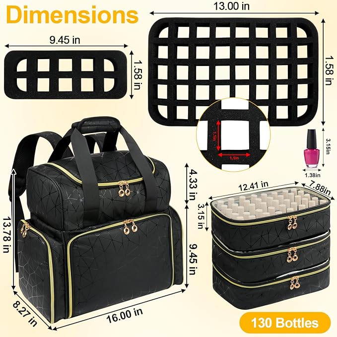 Veirdro Nail Polish Organizer Backpack Holds 130 Bottles (15ml/0.5fl.oz)& Nail Lamp, Extra Large Nail Kit Storage Bag with 3 Removable Carrying Cases, Nail Tech Supplies Organizer Case for Women Black
