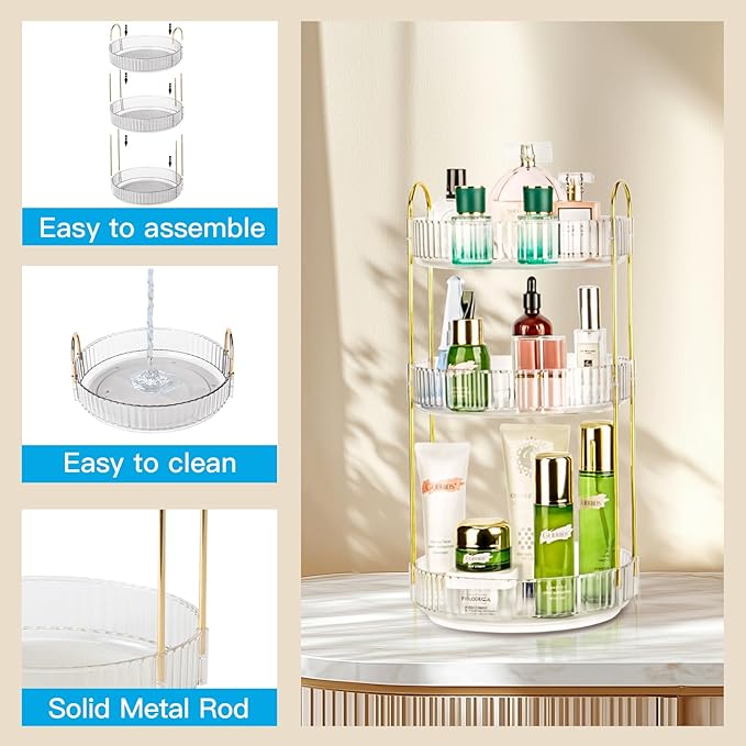 Niluks 360 Rotating Makeup Organizer, 3 Tier Large Capacity Lazy Susan Bathroom Counter Organizer, Skincare Organizers, Spinning Perfume Organizer & Vanity Organizer Countertop (Golden Clear, 3 Tier)