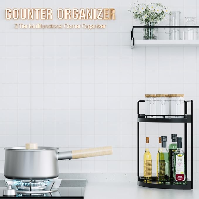 CeleVista Corner Bathroom Counter Organizer, 2 Tier Wood Vanity Storage, Waterproof Skincare Shelf for Kitchen & Toiletries Decor, Dresser (Black-2 Tier)