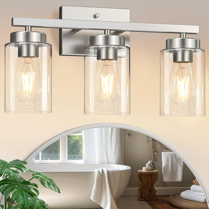 IZORRO Modern Bathroom Light Fixtures, 3 Light Brushed Nickel Vanity Lights, Bathroom Lighting Fixtures Over Mirror with Clear Glass for Living Room Cabinet Bedroom