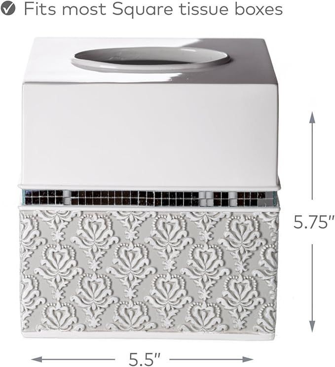 Mirror Damask White & Gray Square Resin Tissue Box Cover with Bottom Slider