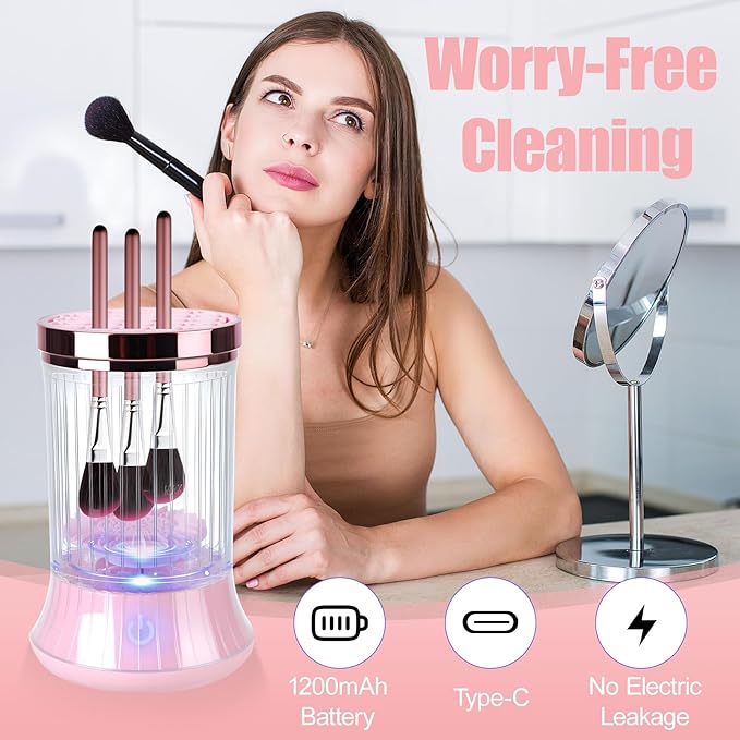 Electric Makeup Brush Cleaner Machine, USB Powered Automatic Spinning Makeup Brush Cleaner with 2 Cleaning Modes, Portable Brush Cleaner for Deep Cleaning Cosmetic Brushes, Pink