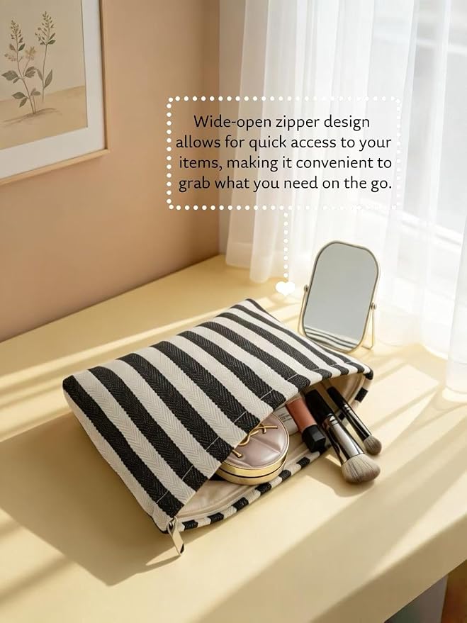 RIKMOXR Large Black White Stripe Makeup Bag - Canvas Lined Cosmetic Toiletry Travel Pouch | Purse Organizer for Women & Girls