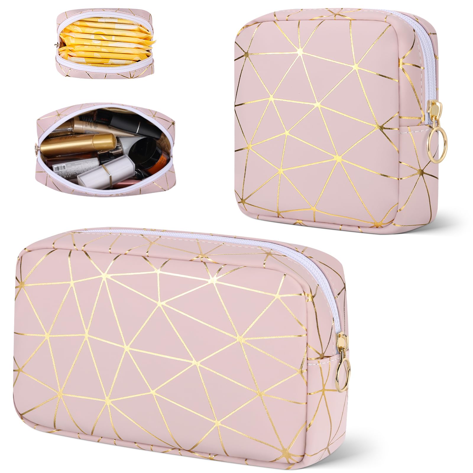 Likesing Period Bag for Teen Girls, Leather Sanitary Napkin Storage Bag, Portable Menstrual Pad Bag Period Pads Pouch, Small Make Up Bags (Pink Gold)