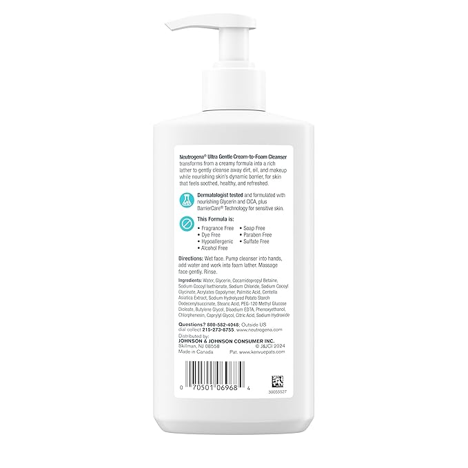 Neutrogena Ultra Gentle Cream-to-Foam Daily Facial Cleanser, Transforms from a Creamy Cleanser to a Foaming Face Wash, Gently Cleanses Sensitive Skin, Fragrance-Free, Hypoallergenic, 8.5 oz