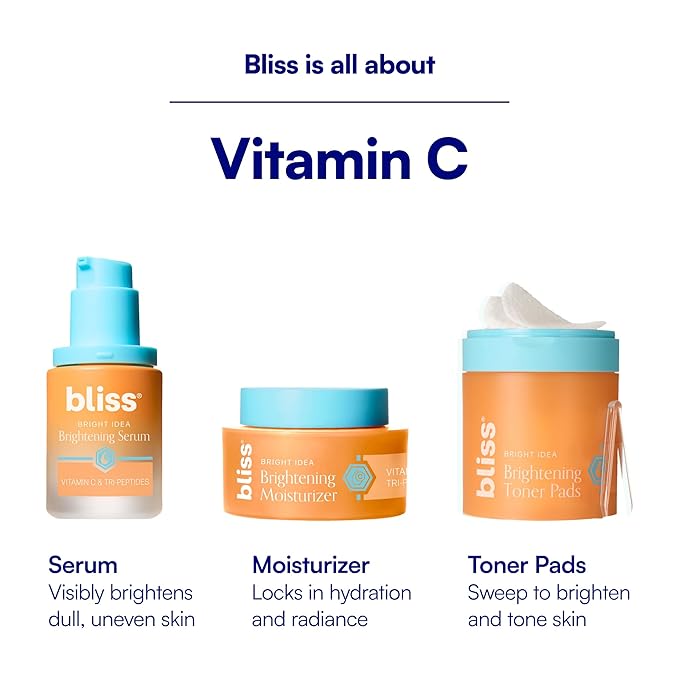 Bliss Vitamin C + Tri-Peptide Face Serum - Stabilized Vitamin C for Dark Spots, Fine Lines & Firmness - Brightening Serum with Collegen Boosting Peptides, Hyaluronic Acid, Squalane - 1 Fl Oz