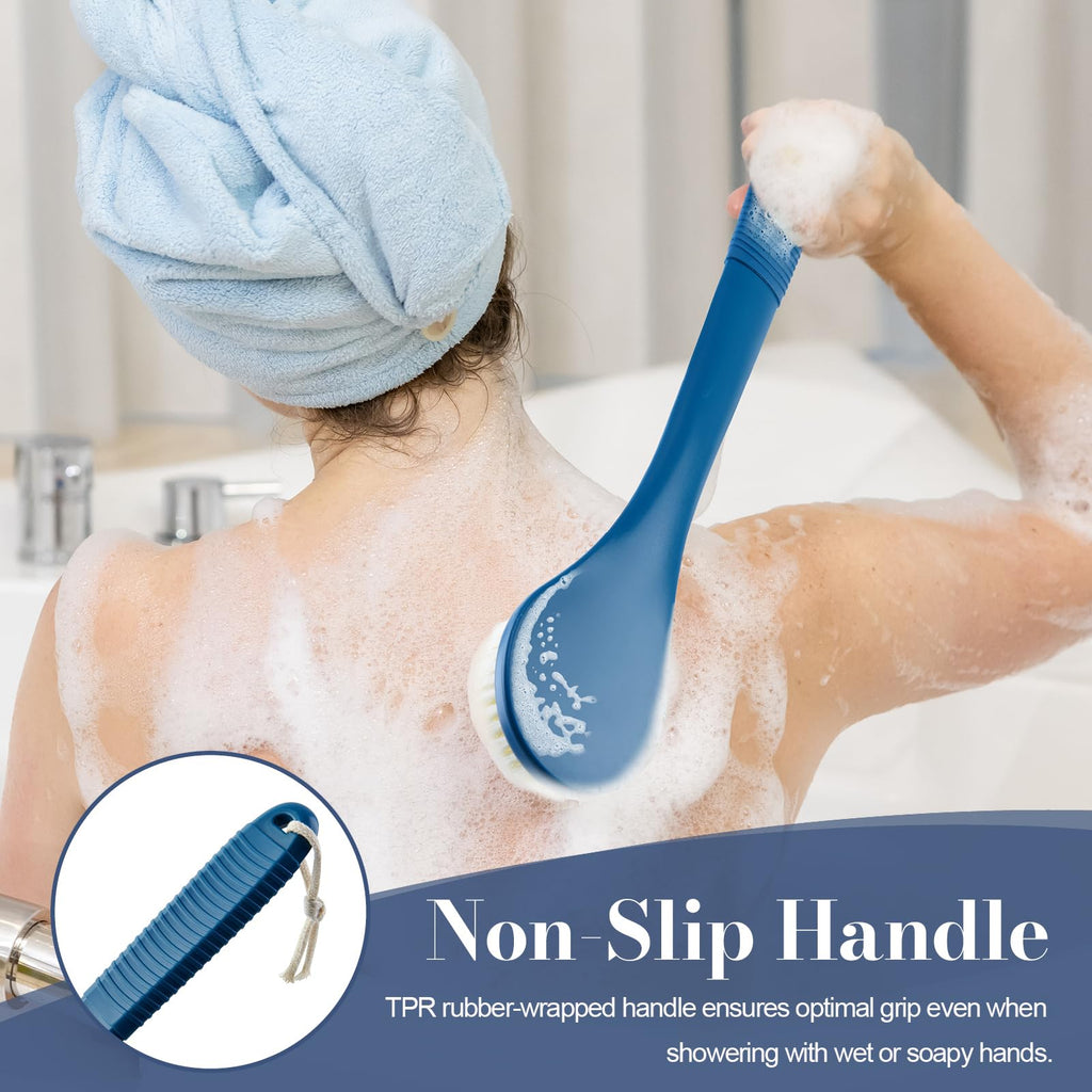 Back Scrubber for Shower, Shower Body Brush for Cleaning with Long Handle for Showering, 17 Inch Back Washer Exfoliator for Shower Men Women with Non-Slip Handle, Adhesive Hook (Navy Blue)