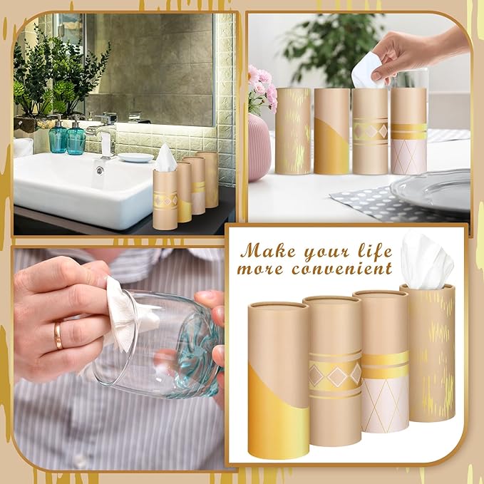 Fourluoo 12 Pack Car Tissue Cylinder Holder Bulk with 3 Ply Facial Tissues, Round Napkin Holders for Car Cup Holder Cylinder Travel Paper Tubes Bulk Round Napkin Boxes Packs(Modern Gold Line)