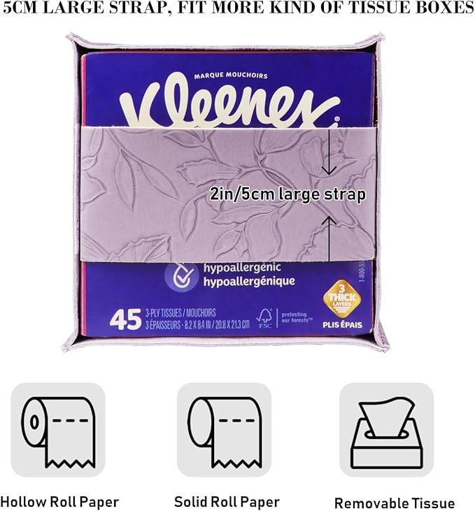 Tissue Box Holder Cover Square Tissue Cube Cover PU Leather Tissue Organizer with Bottom Belt for Bathroom, Tabletop, Kitchen, Night Stands, Office, Home, Car (2, Lightpurple)