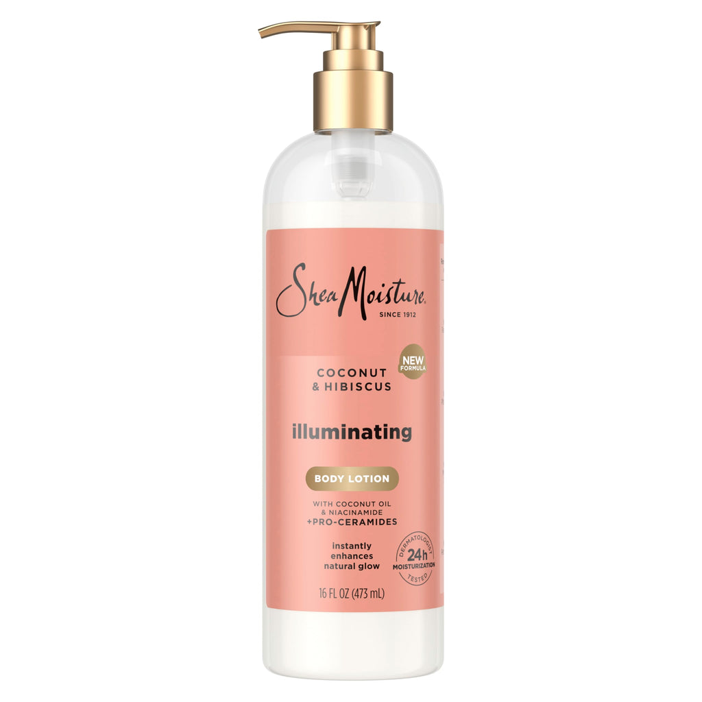 SheaMoisture Illuminating Body Lotion with Coconut Oil, Hibiscus, Niacinamide and Pro-Ceramides, Instantly Enhancing Skin's Natural Glow, 24H Moisturizing 16 oz