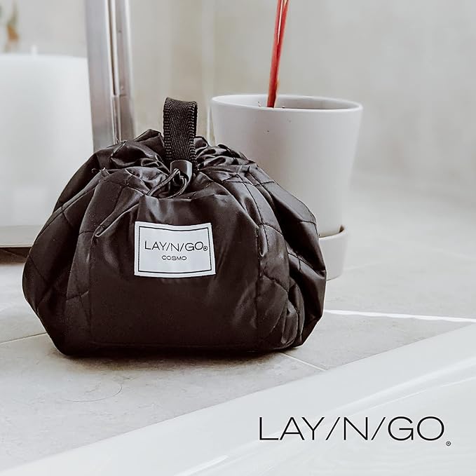 Lay-n-Go Cosmo Layflat Drawstring Cosmetic & Makeup Bag Organizer w/Zipper Pocket, Brush Loops & More, Cinch to Close, Lay Flat to Use, Durable, Machine Wash, Travel Toiletry Bag (20", Lips/Black)