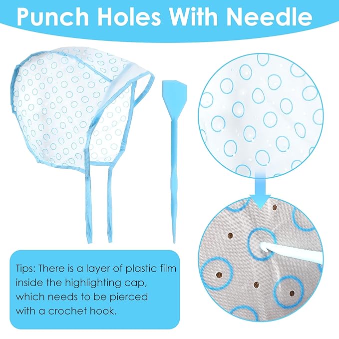 Hair Coloring Kit Highlight Cap, Hair Highlighting Cap, Hairing Coloring Dye Caps Frosting Caps with Plastic Crochet Hook for Salon DIY Dyeing Hairdressing(Blue)