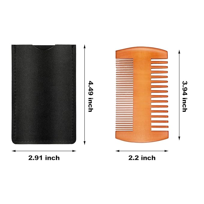 3 Pieces Beard Comb for Men Natural Sandalwood Wooden Mustaches Combs Dual Action Teeth Beard Comb with 3 Pieces Pocket Faux Leather Case for Beards Mustaches(Yellow)