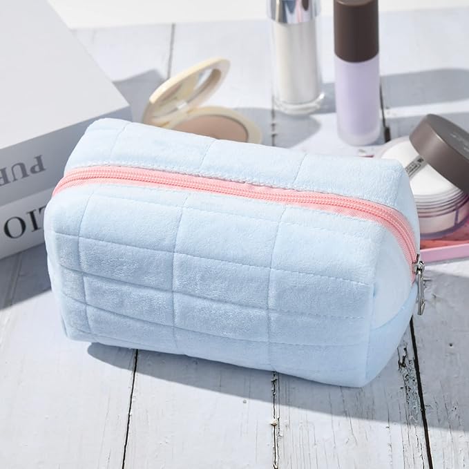 SOIDRAM Makeup Bag Plush Cosmetic Bag Cute Aesthetic Makeup Bag Blue Makeup Pouch Travel Toiletry Bag Organizer Soft Makeup Brushes Accessories Storage Bag for Women