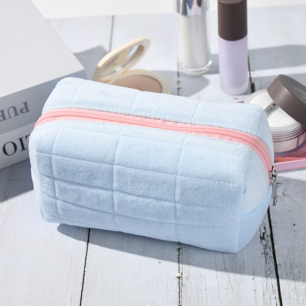 SOIDRAM Makeup Bag Plush Cosmetic Bag Cute Aesthetic Makeup Bag Blue Makeup Pouch Travel Toiletry Bag Organizer Soft Makeup Brushes Accessories Storage Bag for Women