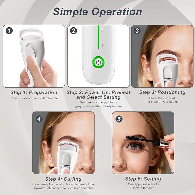 Heated Eyelash Curler for Women, Type-C Rechargeable with 3 Temp Settings & Silicone Pad for Natural C Curl, Travel-Friendly Heated Lash Curler (White)