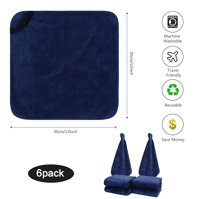 SINLAND Microfiber Facial Cloths Fast Drying Washcloth 12inch x 12inch (6pack, Navy Blue)
