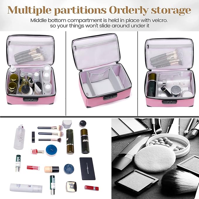 KaAutoler Portable Cosmetic Bag with Lock, Large Capacity Travel Makeup Case Organizer, Waterproof Makeup Bags for Girls Traveling With Handle and Divider Makeup Bag… (Pink)