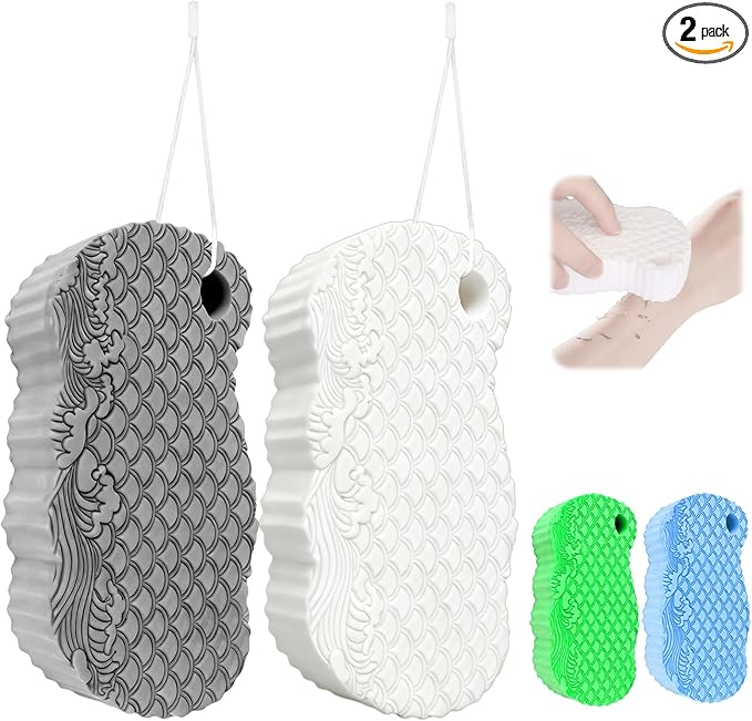 2Pcs Magic Exfoliating Bath Sponge, 3D Ultra Soft Deep Cleansing Body Sponge with Lanyard, Gently and Painlessly Removes Dead Skin & Impurities, Skin Friendly Reusable Sponges (White + Gray)