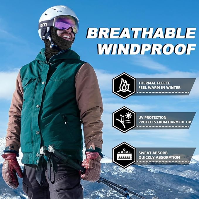 ROCKBROS Cold Weather Balaclava Ski Mask for Men Windproof Thermal Winter Scarf Mask Women Neck Warmer Hood for Cycling (Thick-Fleece Black)